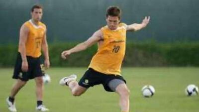 Harry Kewell of Australia lines up a shot on goal during an Australian Socceroos training session held at the Jebel Ali International Centre.