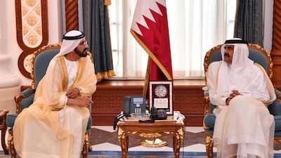 Sheikh Mohammed bin Rashid, UAE Vice President and Ruler of Dubai, offers condolences to Sheikh Hamad on the death of his father, Sheikh Khalifa bin Hamad, in 2016. Wam