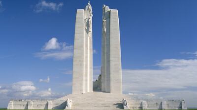 The Canadian National Vimy Memorial at Vimy Ridge, Arras – the site of a successful attack by Canadian forces in 1917 but where many soldiers lost their lives. It commemorates the 66,000 men of Canada who lost their lives in the Great War and carries the names of 11,500 who have no grave. The Travel Library / Rex Shutterstock