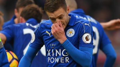 Jamie Vardy of Leicester City reacts to being sent off during the Premier League match between Stoke City and Leicester City at Bet365 Stadium on December 17, 2016 in Stoke on Trent, England. Michael Regan / Getty Images