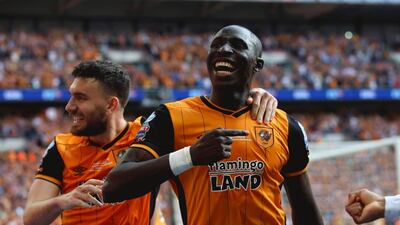 Mohamed Diame of Hull City celebrates scoring the first goal during their Championship play-off final against Sheffield Wednesday at Wembley Stadium on Saturday. Alex Livesey / Getty Images