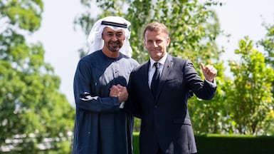 President Sheikh Mohamed and Emmanuel Macron, President of France, meet again at the G7 France 2026 Summit on the shores of Lake Geneva. Photo: Abdulla Al Neyadi / UAE Presidential Court
