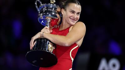 Aryna Sabalenka celebrates after beating Qinwen Zheng in the Australian Open final at Melbourne Park on January 27, 2024. Getty Images