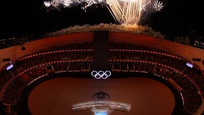 BEIJING, CHINA - FEBRUARY 04: A general view inside the stadium as fireworks are set off during the Opening Ceremony of the Beijing 2022 Winter Olympics at the Beijing National Stadium on February 04, 2022 in Beijing, China. (Photo by Richard Heathcote / Getty Images)