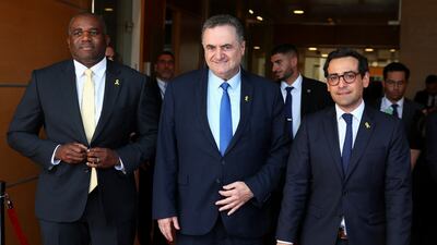 From left, British Foreign Secretary David Lammy, Israeli Foreign Minister Israel Katz and French Foreign Minister Stephane Sejourne in Jerusalem. Reuters