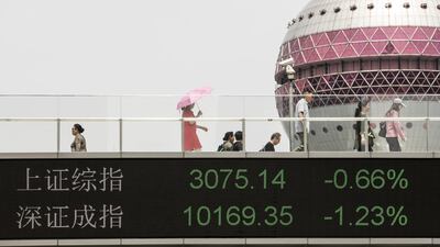 An electronic ticker displays the figures of the Shanghai Composite Index, top, and the SZSE Composite Index in Pudong's Lujiazui Financial District in Shanghai. The index performed poorly in the anticipation of looming US tariffs. Photographer: Qilai Shen/Bloomberg