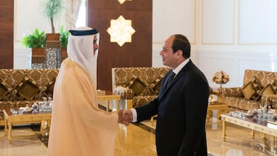 Mr El Sisi was greeted by many senior UAE officials including Sheikh Saif bin Zayed, UAE Deputy Prime Minister and Minister of Interior. Hamad Al Kaabi / Crown Prince Court - Abu Dhabi