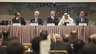 One of the panels at yesterday’s 10th Korea-Middle East Cooperation Forum in Seoul. From left, Emad Badrous, deputy director of Al Ahram Centre for Political and Strategic Studies in Egypt; Shin Kak-soo, Korea’s former vice foreign minister; Christian Berger, director general of the European Union external action service; Dr Abdulreda Assiri, dean of social sciences at the University of Kuwait; and Dr Seo Jeong-min, policy adviser to the Korean foreign ministry. Courtesy the 10th Korea-Middle East Cooperation Forum in Seoul