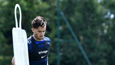 Ben Chilwell takes part in a training session at Chelsea training ground.