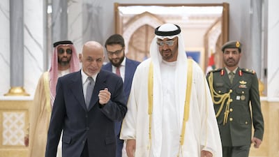 Sheikh Mohamed receives Mr. Ghani during a reception at the Presidential Palace. Seen with Sheikh Tahnoon bin Zayed, National Security Advisor, back left.