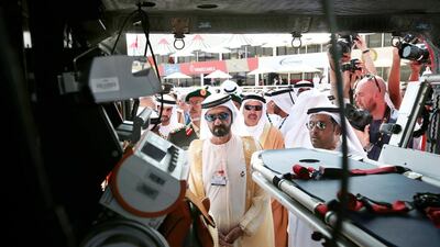 Sheikh Mohammed bin Rashid, Vice President and Ruler of Dubai, tours the Dubai Air Show. Christopher Pike / The National