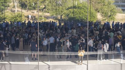 Visitors arrive at the Steve Jobs Theatre before the Far Out Apple event. Bloomberg