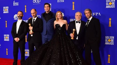 The cast of 'Succession' pose with their Best Television Series - Drama award, during the 77th annual Golden Globe Awards on January 5, 2020, at The Beverly Hilton hotel in Beverly Hills, California. AFP