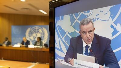 Mohamed Auajjar, chairman of the Independent Fact-Finding Mission on Libya, presents a report on the situation before Thursday's conference. EPA