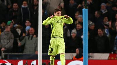 Lionel Messi of Barcelona reacts after having his penalty saved by Manchester City goalkeeper Joe Hart during their Champions League last 16 match on Tuesday night. Lee Smith / Reuters
