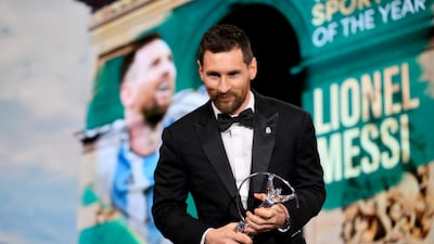 Lionel Messi speaks on stage after winning the Laureus World Sportsman of the Year 2023. Getty