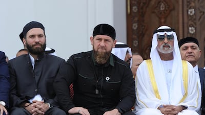 Sheikh Nahyan bin Mubarak Al Nahyan, right, UAE Minister of Tolerance; Ramzan Kadyrov, centre, head of the Chechen Republic, attend the inauguration ceremony.