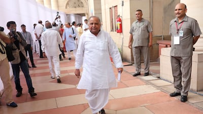 Samajwadi Party chief Mulayam Singh Yadav, centre, leaves after casting his vote at Parliament House in New Delhi, India, in July 2017. EPA