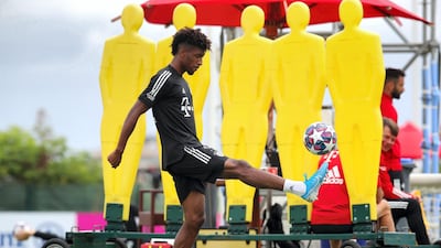 Kingsley Coman of Bayern Munich controls the ball during a training session in Lagos, Portugal. Getty