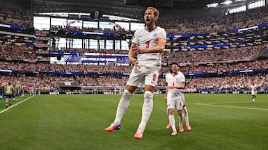Harry Kane celebrates after scoring England's second goal against Croatia during their World Cup match at the Dallas Stadium in Arlington, Texas, US. AFP