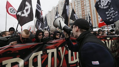 Russian nationalists at a protest in Moscow on National Unity Day, which commemorates the expulsion of Polish invaders from Moscow in 1612. Yuri Kochetkov / EPA
