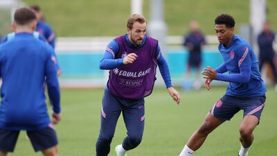 England's Harry Kane, centre, and Jude Bellingham during training at St George's Park, Burton Upon Trent, on Saturday, July 10, ahead of the Euro 2020 final against Italy.