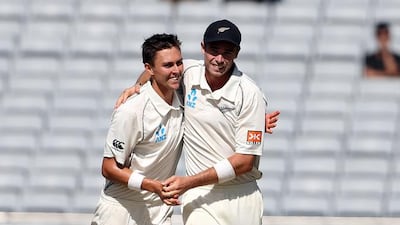 Trent Boult, left, and Tim Southee are bowlers who have done well on slower surfaces and lend hope to New Zealand. Michael Bradley / AFP