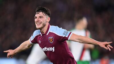 Declan Rice of West Ham celebrates after scoring their first goal in the Europa League win against Rapid Vienna at Olympic Stadium, London, on Thursday. Photo: Getty