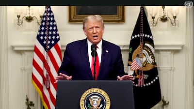 United States President Donald Trump speaks in a pre-recorded message played during the 75th session of the United Nations General Assembly on Tuesday. UNTV via AP