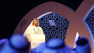 The Minister of Foreign Affairs, Sheikh Abdullah bin Zayed, addresses academics and religious leaders at the opening session of the Promoting Peace in Muslim Societies conference yesterday in Abu Dhabi, which discussed how to reduce conflict in the Muslim world and beyond. Karim Sahib / AFP