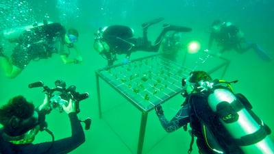 Scuba divers involved in Project REEFrame and Canon’s World Unseen 2.0 initiative work below the surface off the coast of Fujairah. Photo: Canon