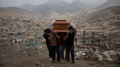 Relatives carry the coffin of a suspected COVID-19 victim at the Nueva Esperanza cemetery on the outskirts of Lima, Peru. AP Photo
