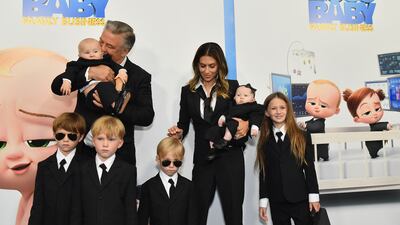 Alec and Hilaria Baldwin and their children, attends DreamWorks Animation's 'The Boss Baby: Family Business' premiere at SVA Theatre in June 2021, in New York City. AFP