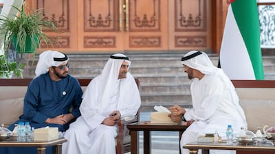 Sheikh Mohamed bin Zayed talks with Sheikh Hamad bin Mohamed Al Sharqi at the Sea Palace barza. Seen with Sheikh Hamdan bin Zayed Al Nahyan, Ruler’s Representative in Al Dhafra Region. Rashed Al Mansoori / Ministry of Presidential Affairs