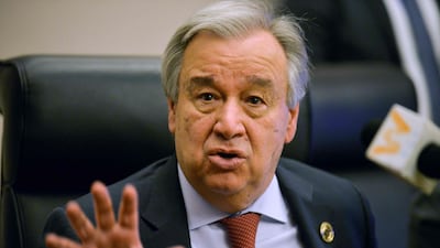 United Nations Secretary-General Antonio Guterres speaks during a press conference at the African Union headquarters during the 33rd African Union (AU) Summit in Addis Ababa. Mr Guterres has called for families and global leaders to "protect our children," who stand to suffer severe consequences of the pandemic. AFP