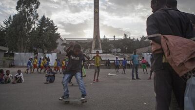 A young Ethiopian skateboarder, part of the Ethiopia Skate organisation, at the National Museum area of Addis Ababa on March 12, 2015. The once unknown sport in Addis Ababa is attracting fans and the support of skateboarders worldwide. Zacharias Abubeker/AFP Photo