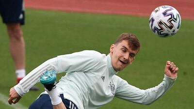 Spain defender Diego Llorente controls a ball during training. AFP