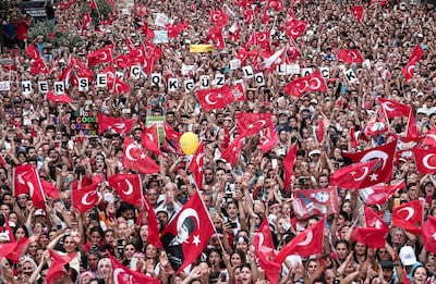 Supporters of Ekrem Imamoglu during his repeat election campaign rally in Istanbul this week. Sedat Suna / EPA