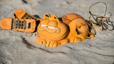 Garfield phones lie on a beach in Plouarzel, western France, after being collected from a sea cave by environmental activists. AFP