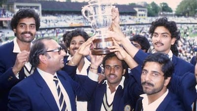 A jubilant India cricket team lift the 1983 World Cup after beating West Indies in the final.