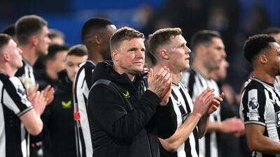 Newcastle United manager Eddie Howe and his players applaud the fans after the match. Getty Images