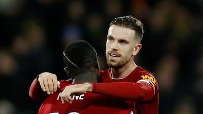 Jordan Henderson celebrates with Sadio Mane after the match. Reuters