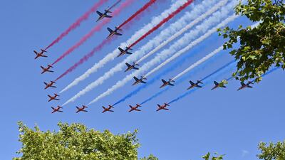 Red Arrows and Patrouille de France perform a flypast over The Mall to commemorate the appeal of the 18th June speech by Charles De Gaulle in London, England. Getty Images