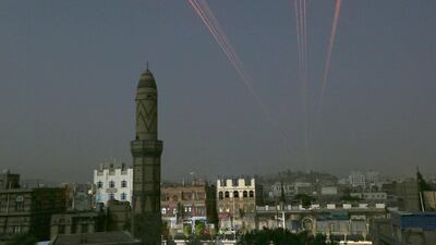 The sky over Sanaa is illuminated by anti-aircraft fire during an airstrike by the Saudi-led coalition. Early on Saturday Saudi Arabia said Houthi forces and their allies had fired a Scud missile from Yemen towards a Saudi city which was intercepted. EPA