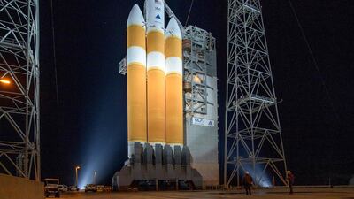 This photo released by NASA shows the United Launch Alliance Delta IV Heavy rocket with the Parker Solar Probe onboard shortly after the Mobile Service Tower was rolled back. AFP/NASA
