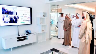 Sheikh Mohammed bin Rashid, Vice President and Ruler of Dubai, inaugurates the Centre for Arab Youth in Abu Dhabi. Seen with Sheikh Saif bin Zayed, Deputy Prime Minister and Minister of Interior, Sheikh Mansour bin Zayed, Deputy Prime Minister and Minister of Presidential Affairs and Mohammed Al Gergawi, Minister of State for Cabinet Affairs and the Future. Wam