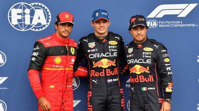 Ferrari's Carlos Sainz Jr, Red Bull Racing's Max Verstappen and Sergio Perez after qualifying for the Belgian GP. AFP