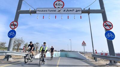 Cyclists emerge from the newly named Houbara Tunnel. Courtesy: Dubai Media Office