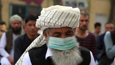 An Afghan Muslim man wearing a face mask as a precaution against coronavirus offers Eid Al Adha prayers in Kabul, Afghanistan, Friday, July 31, 2020. AP