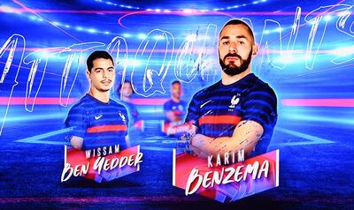 Karim Benzema's portrait is displayed on the screen after his inclusion in France's Euro 2020 squad. EPA